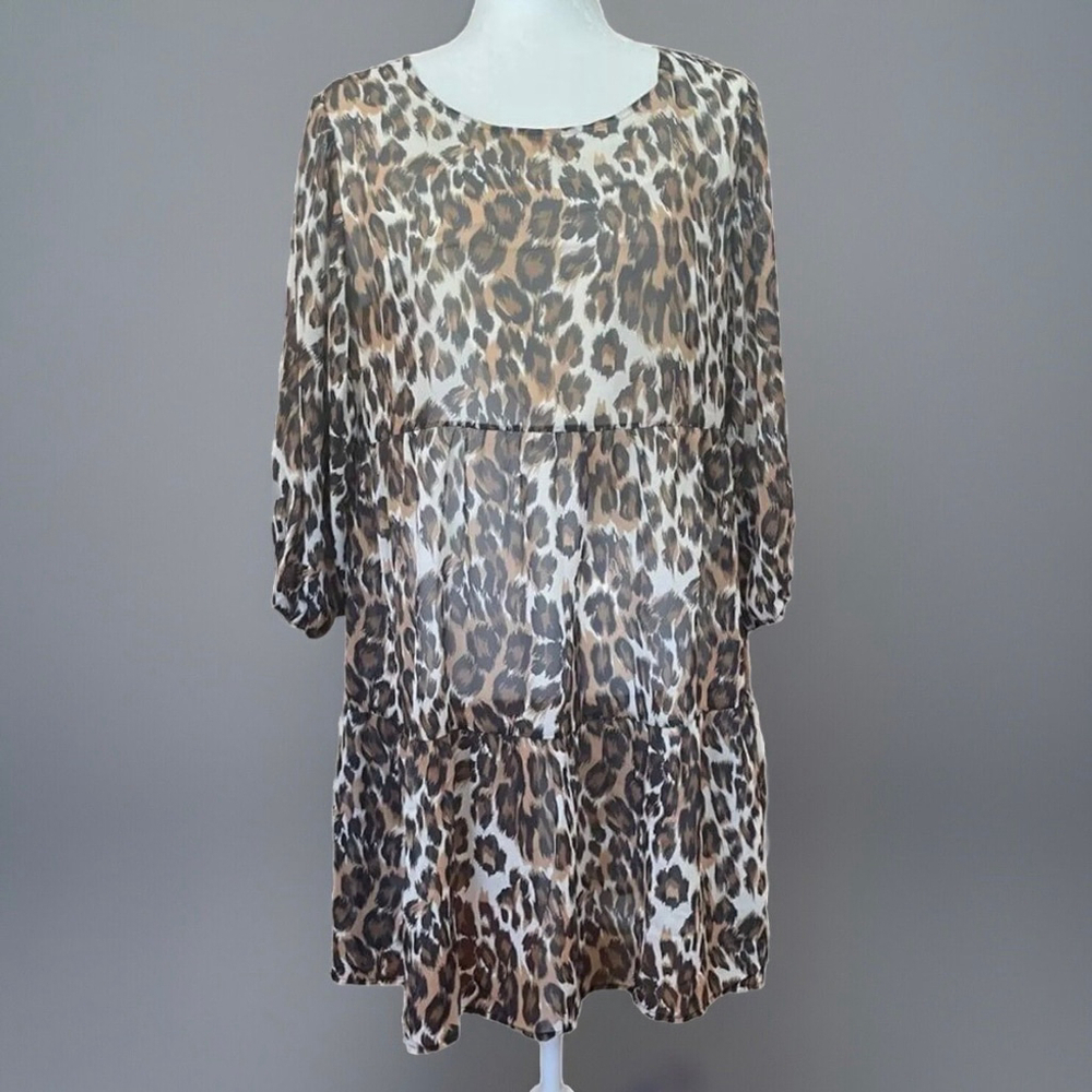 Luv Betsey by Betsey Johnson Sheer Mini Dress Leopard Print Peplum Hem Brown W L